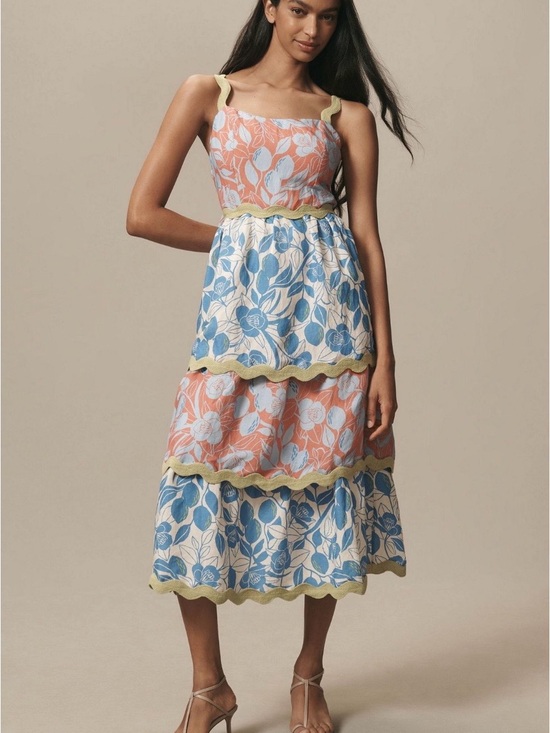 FARM Rio Dresses & Skirts - FARM Rio Coral, Blue & Cream Tiered Floral Midi Dress